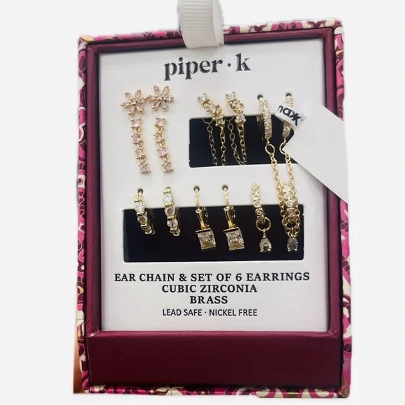 NWT ⚜️♥️⚜️ Piper K Gorgeous Golden Tone Cubic Zirconia Brass Earring Set of 6 - Picture 3 of 7